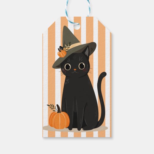 Cute Halloween Black Cat with Witch Hat Pumpkin Cadeaulabel (Achterkant)