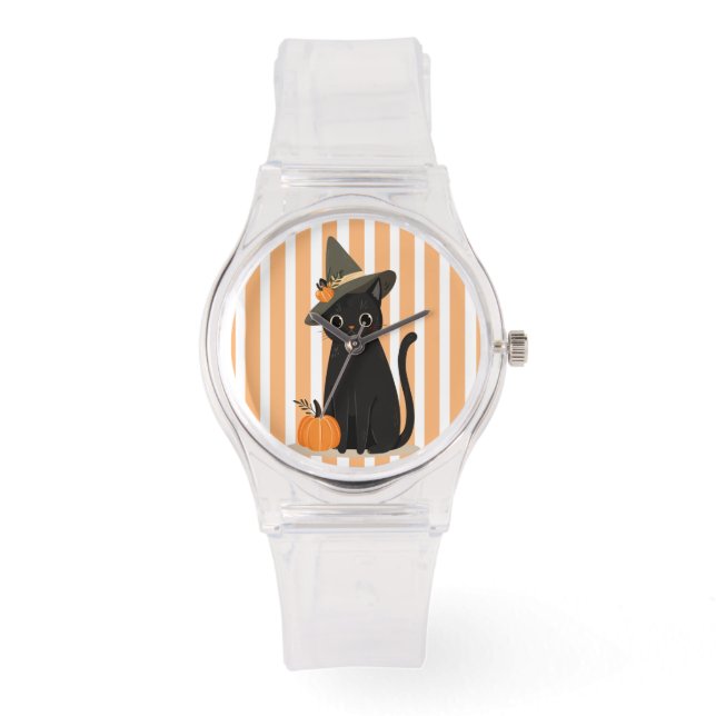 Cute Halloween Black Cat with Witch Hat Pumpkin Horloge (Voorkant)