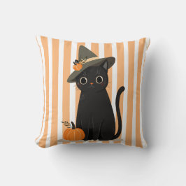 Cute Halloween Black Cat with Witch Hat Pumpkin Kussen