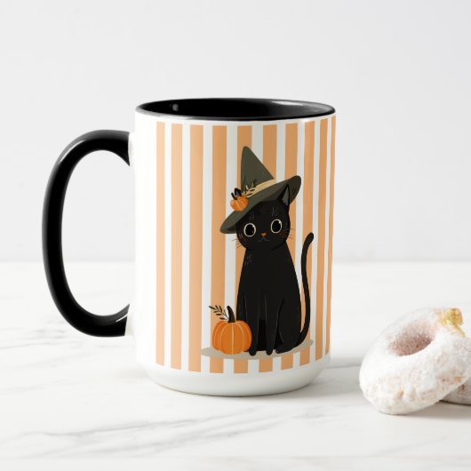 Cute Halloween Black Cat with Witch Hat Pumpkin Mok (Met donut)