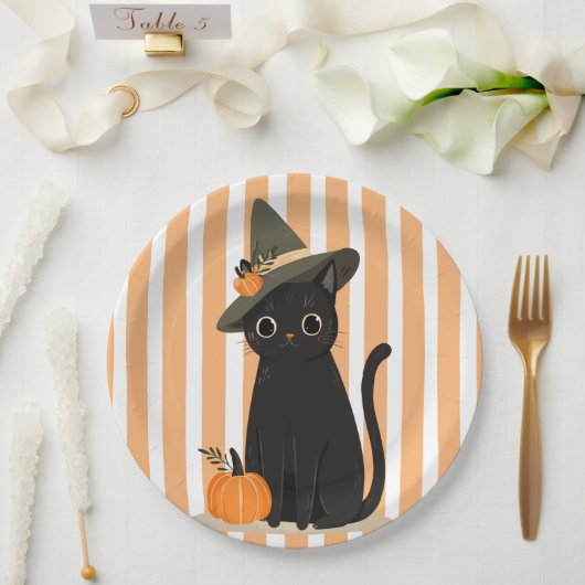 Cute Halloween Black Cat with Witch Hat Pumpkin Papieren Bordje (Huwelijk)