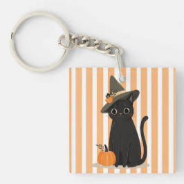 Cute Halloween Black Cat with Witch Hat Pumpkin Sleutelhanger
