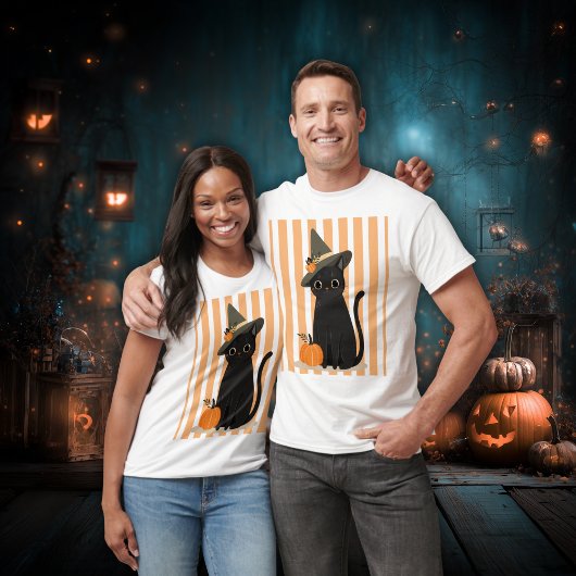 Cute Halloween Black Cat with Witch Hat Pumpkin T-shirt