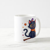 Cute halloween black kitten broom mug koffiemok (Voorkant rechts)