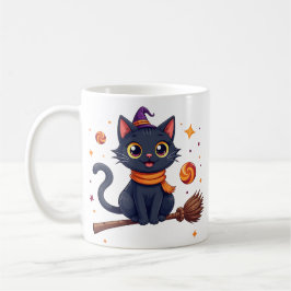 Cute halloween black kitten broom mug koffiemok
