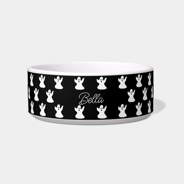 Cute Halloween Black White Ghost Aangepaste hond Voerbakje (Voorkant)
