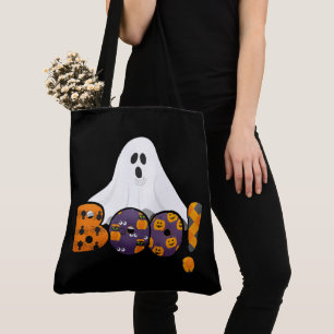 Cute Halloween BOO met spook zwart boodschappentas Tote Bag