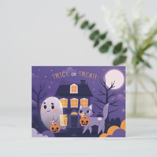 Cute Halloween Cat and a Ghost Briefkaart (Staand voorkant)