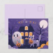 Cute Halloween Cat and a Ghost Briefkaart (Voorkant / Achterkant)