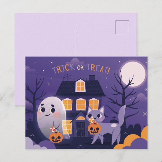 Cute Halloween Cat and a Ghost Briefkaart (Voorkant / Achterkant)
