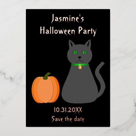 Cute Halloween Cat and Pumpkin Save the Date Folie Feestdagenkaart (Voorkant)