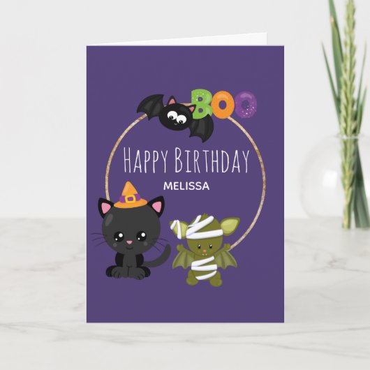 Cute Halloween Cat, Bat & Mummy Boo Birthday Kaart (Voorkant)