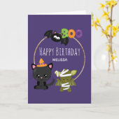 Cute Halloween Cat, Bat & Mummy Boo Birthday Kaart (Gele Bloem)