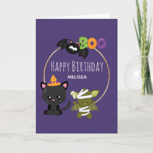Cute Halloween Cat, Bat & Mummy Boo Birthday Kaart