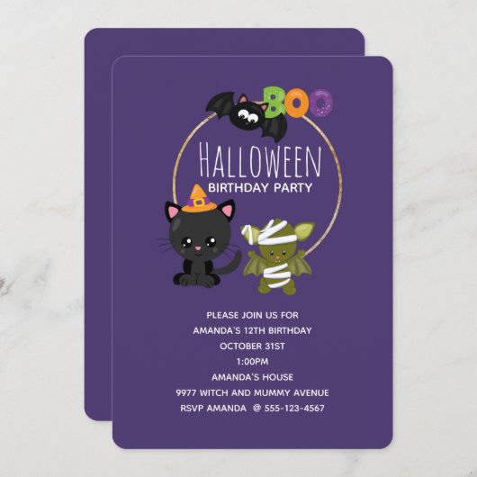 Cute Halloween Cat, Bat & Mummy Boo Birthday Kaart (Voorkant / Achterkant)