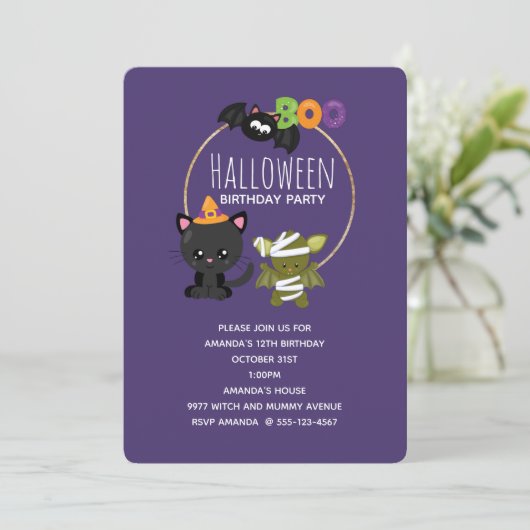 Cute Halloween Cat, Bat & Mummy Boo Birthday Kaart (Staand voorkant)