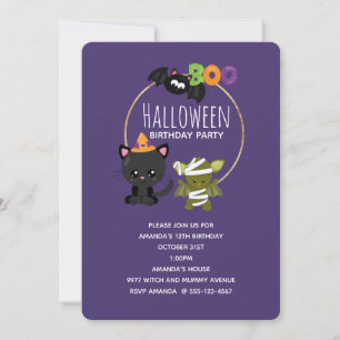 Cute Halloween Cat, Bat & Mummy Boo Birthday Kaart