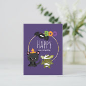 Cute Halloween Cat, Bat & Mummy Boo Briefkaart (Staand voorkant)