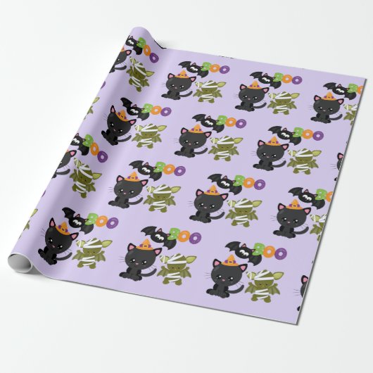 Cute Halloween Cat, Bat & Mummy Boo Cadeaupapier (Uitgerold)