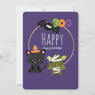 Cute Halloween Cat, Bat & Mummy Boo Feestdagenkaart