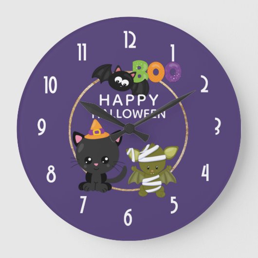 Cute Halloween Cat, Bat & Mummy Boo Grote Klok (Voorkant)