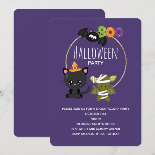 Cute Halloween Cat, Bat & Mummy Boo Kaart (Voorkant / Achterkant)