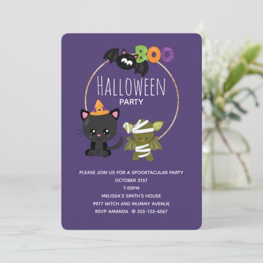 Cute Halloween Cat, Bat & Mummy Boo Kaart (Staand voorkant)