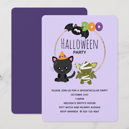 Cute Halloween Cat, Bat & Mummy Boo Kaart (Voorkant / Achterkant)