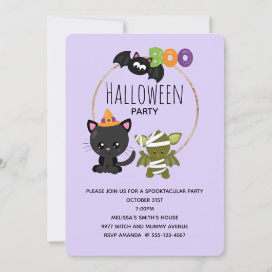 Cute Halloween Cat, Bat & Mummy Boo Kaart (Voorkant)