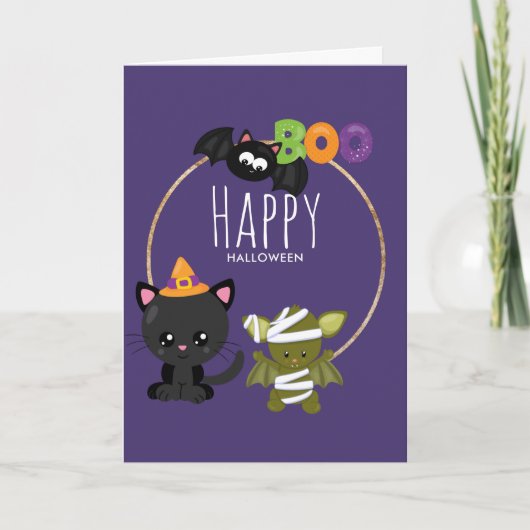 Cute Halloween Cat, Bat & Mummy Boo Kaart (Voorkant)