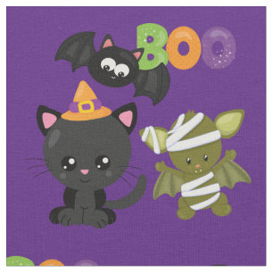 Cute Halloween Cat, Bat & Mummy Boo Stof