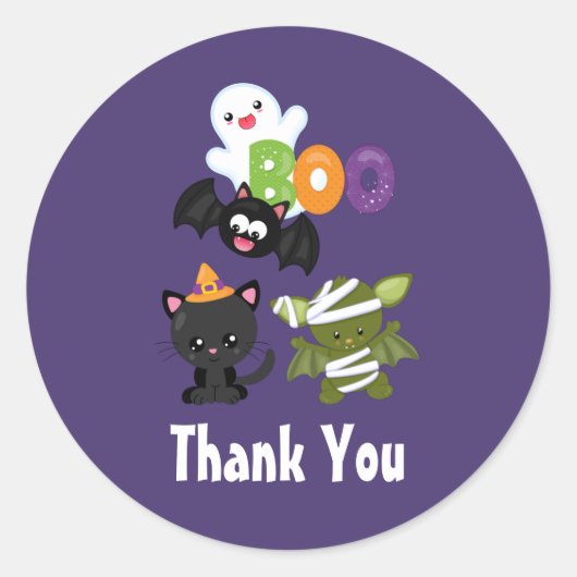 Cute Halloween Cat, Bat, Mummy & Ghost Dank je Ronde Sticker (Voorkant)
