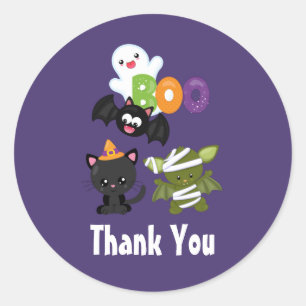 Cute Halloween Cat, Bat, Mummy & Ghost Dank je Ronde Sticker