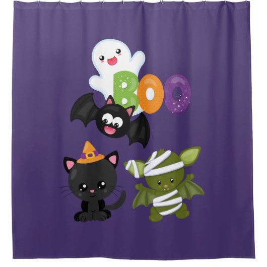 Cute Halloween Cat, Bat, Mummy & Ghost Douchegordijn (Voorkant)