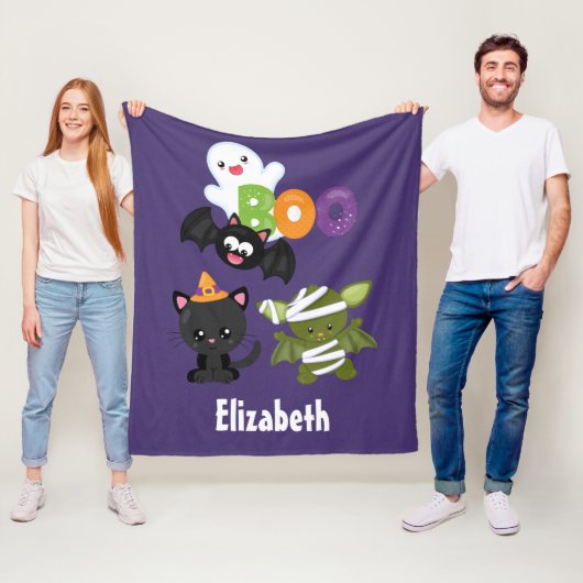 Cute Halloween Cat, Bat, Mummy & Ghost Fleece Deken (In situ)