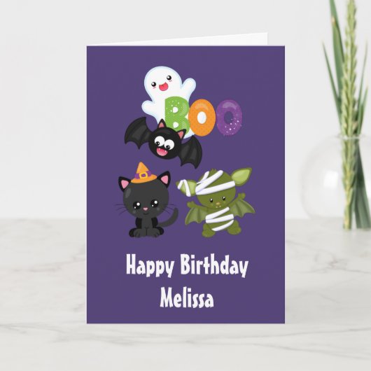 Cute Halloween Cat, Bat, Mummy & Ghost Kaart (Voorkant)