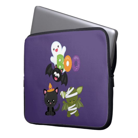 Cute Halloween Cat, Bat, Mummy & Ghost Laptop Sleeve (Voorkant Links)