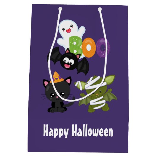 Cute Halloween Cat, Bat, Mummy & Ghost Medium Cadeauzakje (Achterkant)