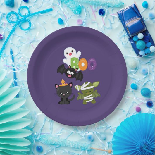 Cute Halloween Cat, Bat, Mummy & Ghost Papieren Bordje (Feest)