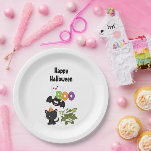 Cute Halloween Cat, Bat, Mummy & Ghost Papieren Bordje (Feest)