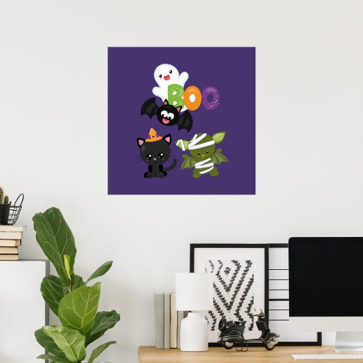 Cute Halloween Cat, Bat, Mummy & Ghost Poster (Thuiskantoor)