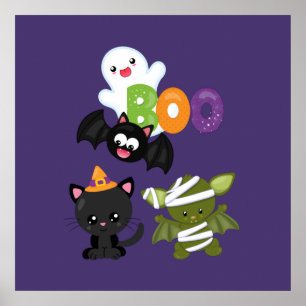 Cute Halloween Cat, Bat, Mummy & Ghost Poster