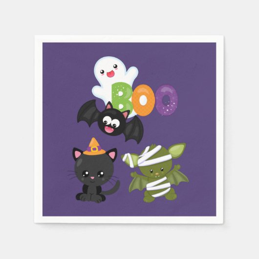Cute Halloween Cat, Bat, Mummy & Ghost Servet (Voorkant)