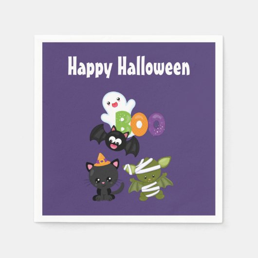 Cute Halloween Cat, Bat, Mummy & Ghost Servet (Voorkant)