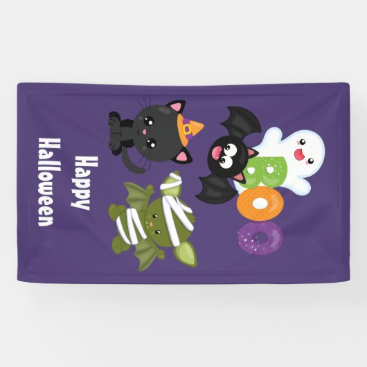 Cute Halloween Cat, Bat, Mummy & Ghost Spandoek (Horizontaal)