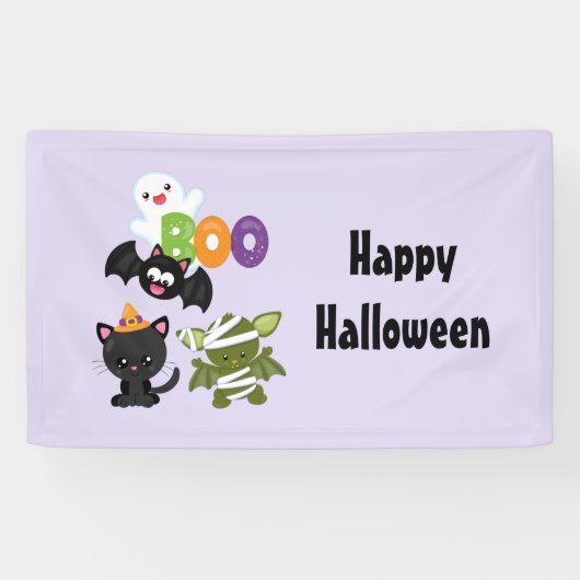 Cute Halloween Cat, Bat, Mummy & Ghost Spandoek (Horizontaal)