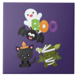 Cute Halloween Cat, Bat, Mummy & Ghost Tegeltje