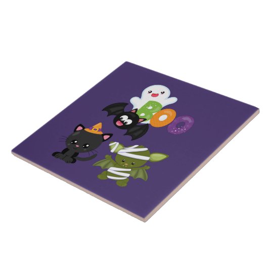 Cute Halloween Cat, Bat, Mummy & Ghost Tegeltje (Zijkant)