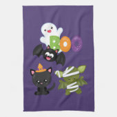 Cute Halloween Cat, Bat, Mummy & Ghost Theedoek (Verticaal)