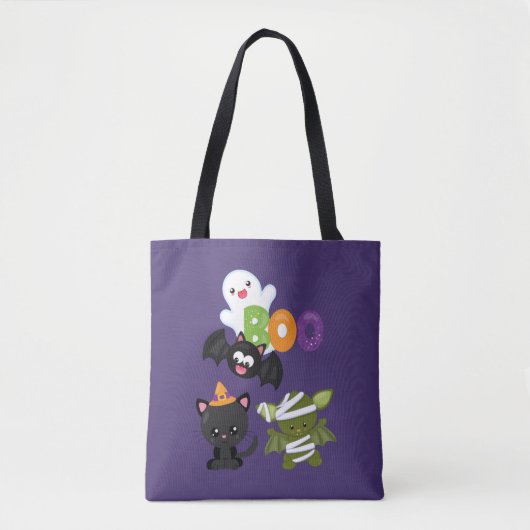 Cute Halloween Cat, Bat, Mummy & Ghost Tote Bag (Voorkant)